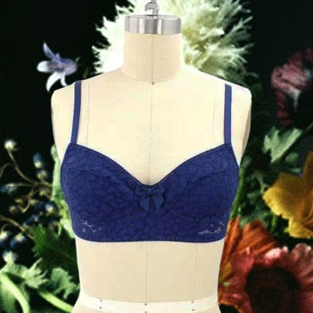 VTG 1970s Blue Lace Bra Sheer Floral Lingerie Adj.  Hook Eye 28AB XS/S Unlined